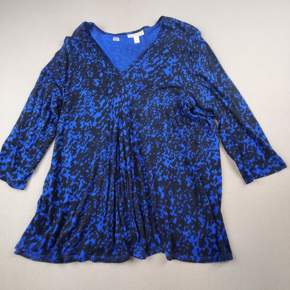 Dana Buchanan Black/Blue Abstract Print V Neck Stretch Knit 3/4 Sleeve Top Sz XL